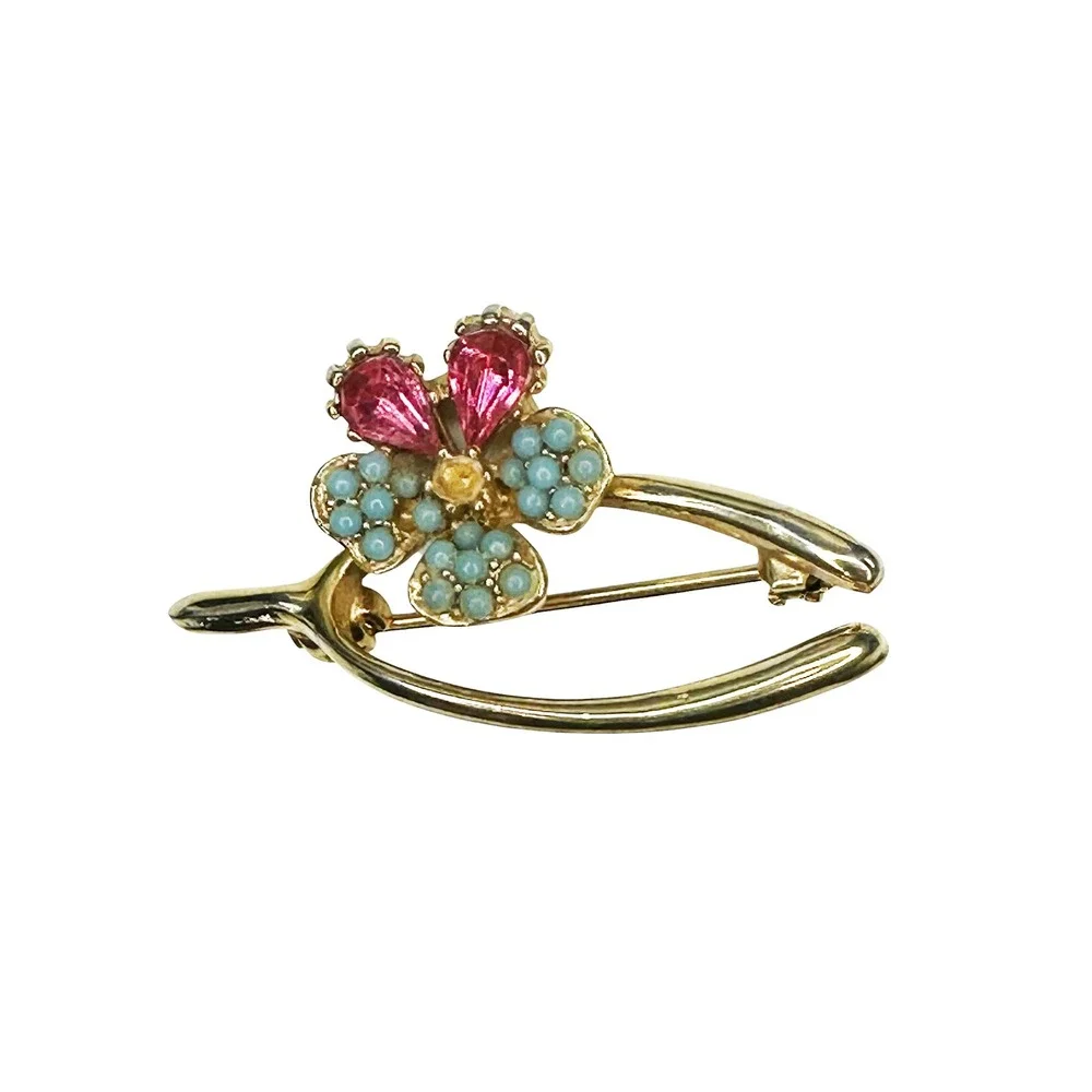 VTG 1950's Flower Wishbone Brooch & Clip-on Earring Set • pink blue gold tone